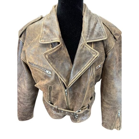 R13 Exaggerated Shoulder Brown Leather Moto Jacket Belted Distressed M - Picture 9 of 16